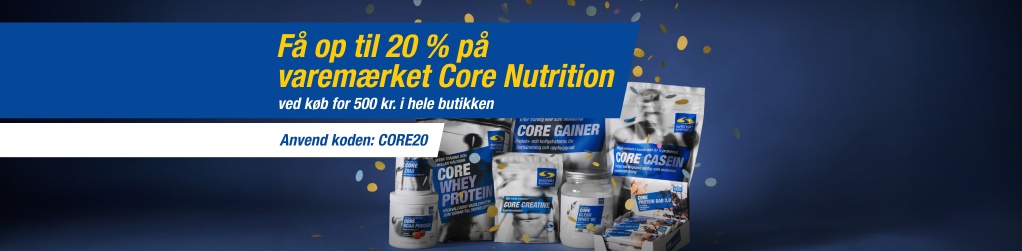Kb for 500 kr. i butikken, f 10-20 % p varemrket Core Nutrit
